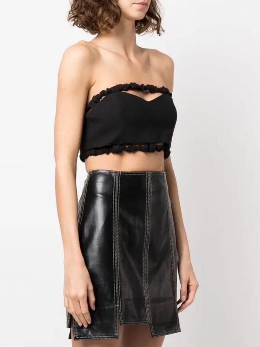 GANNI Ruched Strapless Bandeau Black Crop Top